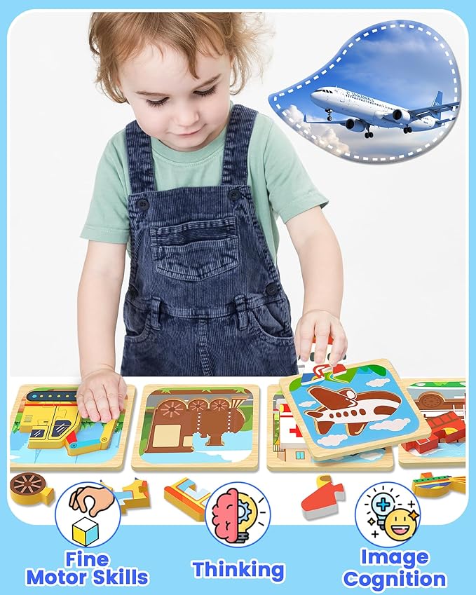 Benresive Wooden Toddler Puzzles, Montessori Toys for 1 2 3 Year Old Boys, Toys for 1 2 3 Year Old Boy Birthday Gifts, 6 Pack Vehicle Toddler Learning Educational Puzzles
