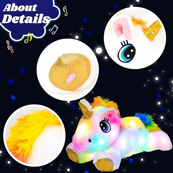 Cuteoy Light-up Plush White Unicorn LED Stuffed Animal Birthday Christmas Plushies Toy Gifts for Kids Toddler Girls, 15"