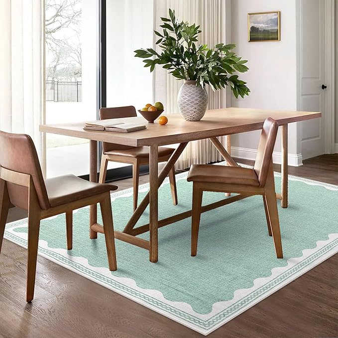 Scalloped Washable Rug 8x10 Area Rugs for Living Room, Solid Green Rug for Bedroom Girls, Non Slip Throw Carpet with Rubber Back, Soft Dorm Nursery Scalloped 8x10 Rugs for Dining Room