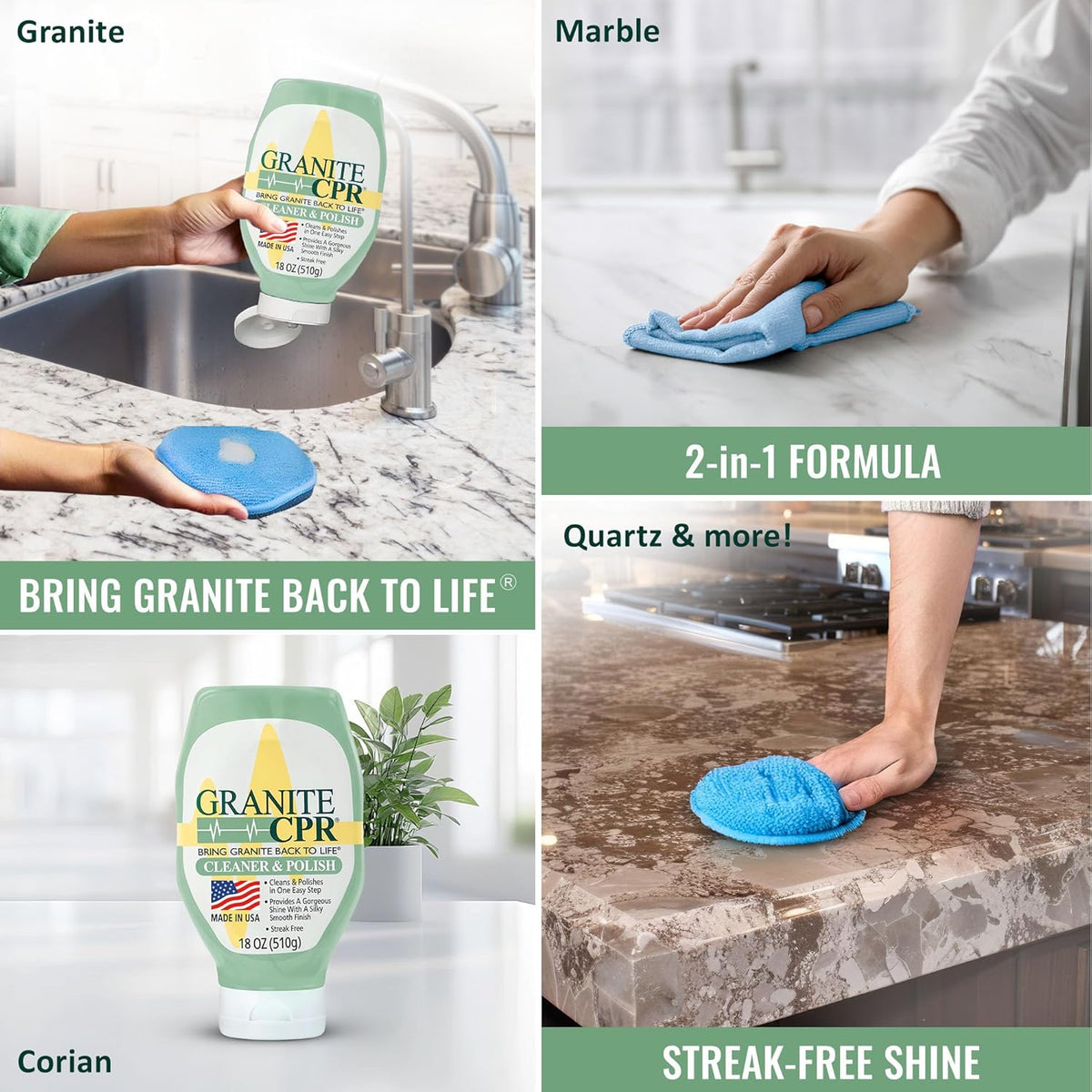 Granite CPR Cleaner & Polish Can Be Used Daily On Granite, Marble, Quartz & Corian. Leaves A Gorgeous Streak-Free Shine & Silky Smooth Finish. Cleans & Polishes All Stone Countertops In One Easy Step.