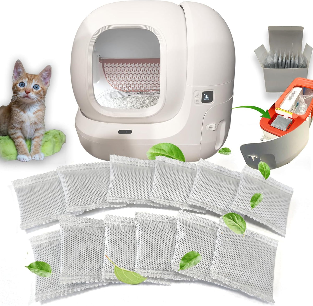 12 Pack Odor Eliminator for PuraMax Self-Cleaning Cat Litter Box, Natural Activated Charcoal Filters Refills, Cat Toilet Odor Control Replacement for Automatic Litter Box