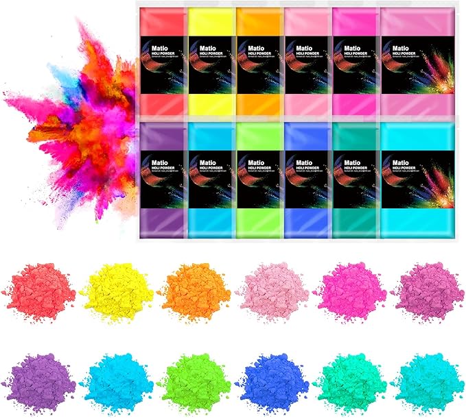 Matio Color Run Powder, 12 Pack 3.5oz/100g Each Natural Holi Powders Assorted Coloring Rangoli Bulk, Washable Chalk Powders Paint for Color War, Summer Camp, Photography Smoke, Gender Reveals
