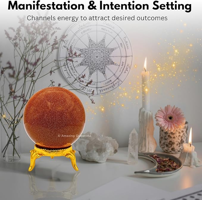 Amazing Gemstone Red Goldstone Crystal Ball with Stand - 2 Inches Crystal Sphere Meditation Balls for Witchcraft and Decorative Balls