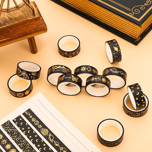 Whaline 12 Rolls Gold Foil Galaxy Washi Tape Black Gold Sun Moon Star Masking Tape Set Decorative Wrapping Paper Tapes for Scrapbook Journal DIY Art Crafts