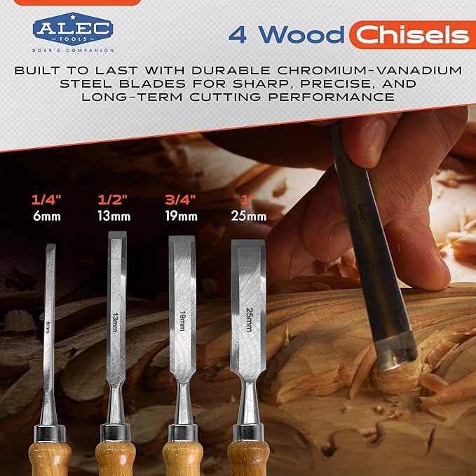 Wood Chisel Set Carpenter Tools – 4Pcs Beech Wood Carving Set with Sharpening Stone, Honing Guide – Woodworking Chisels with Pre-Sharpened Steel Blades – Ideal for Pros, DIY, Hobby