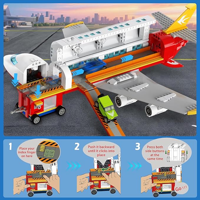HOGOKIDS 2 Style City Airplane Building Set with LED Light - Large Plane Building Blocks Switch Passenger & Cargo Projectile Toy with 3 Cars, Planes Model Toys Gifts for Adults Boys Girls Age 6-12+