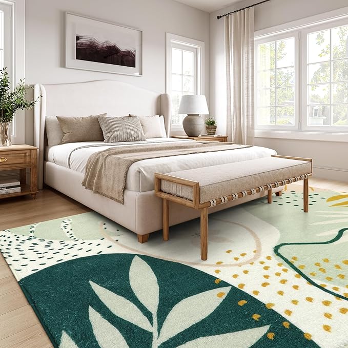 Lahome Green Washable Rugs 9x12 Living Room Rug, Non-Slip Backing Lightweight Extra Large Area Rug Ultra-Thin Throw Rus for Dining Room Table, Boho Botanical Print Soft Rug for Bedroom Classroom Home