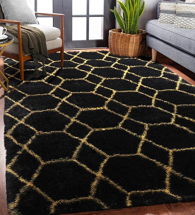 ONASAR 5x8 Rugs for Living Room Bedroom, Washable Fluffy Black and Gold Area Rug, Geometric Boho Soft Plush Shaggy Floor Carpet Mat for Nursery Kids Girls Boys Teen Dorm Home Decor Aesthetic