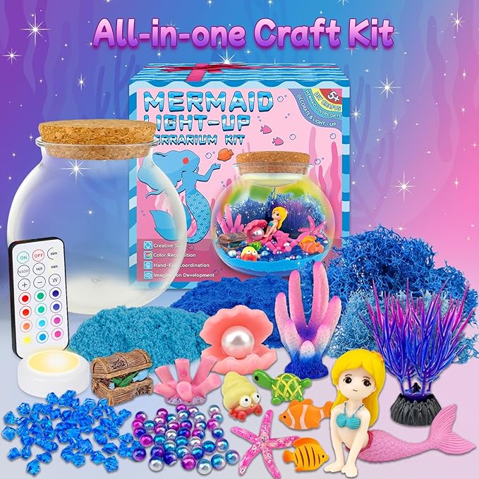 Mermaid Terrarium Craft Kit for Kids - LED Night Light Up & Remote Mermaid Birthday Gifts Toys for Girls Age 5 6 7 8 9 10 11 12 Year Old