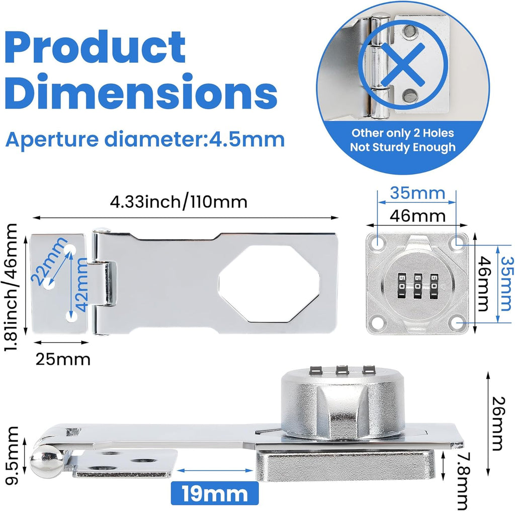 Keyless Cabinet Lock with Combination Code - 3-Digit Password Hasp Latch Lock for Drawers, Bifold Closet Door and Double Sided Door (Silver, 4.5 Inch, 2 Pack)