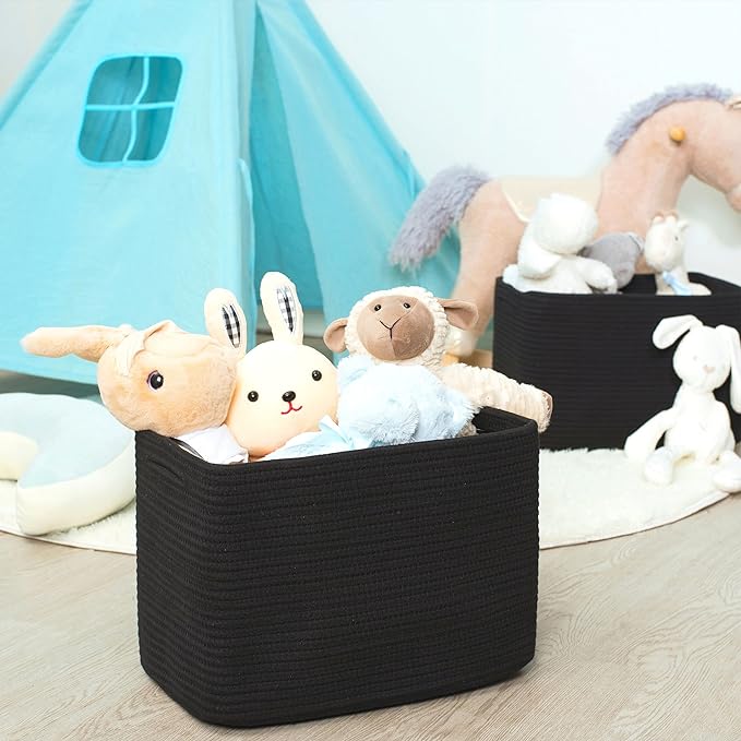 MINTWOOD Design 3-Pack Storage Baskets for Shelves, Playroom and Classroom, Book Basket, Decorative Storage Cube Bins, Woven Closet Organizers, Pantry and Shoe Organizer, Full Black