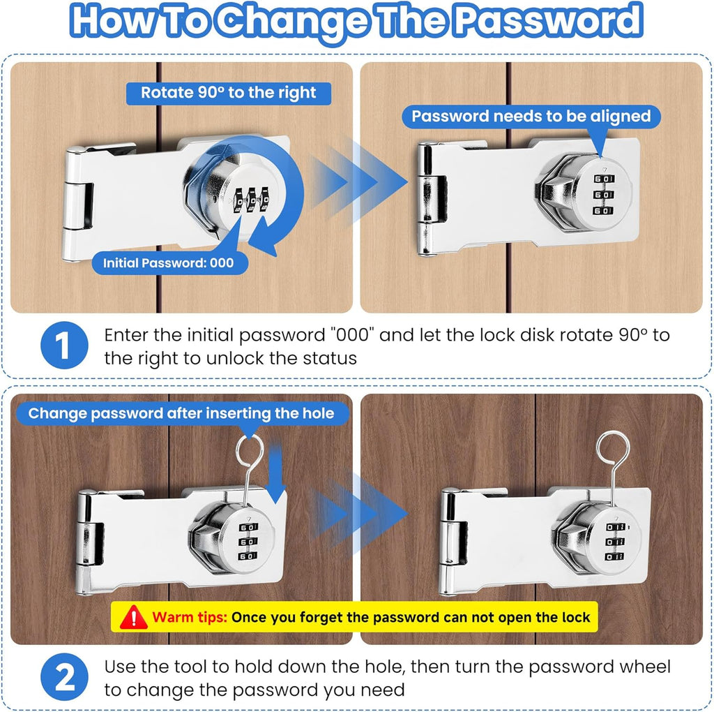 Keyless Cabinet Lock with Combination Code - 3-Digit Password Hasp Latch Lock for Drawers, Bifold Closet Door and Double Sided Door (Silver, 4.5 Inch, 2 Pack)