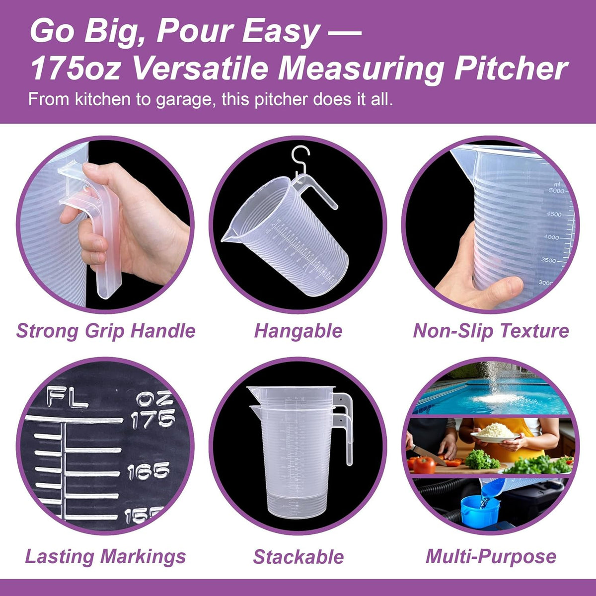 Amazing Abby - Michelle - 128-Ounce (1-Gallon, 4-Quart) Unbreakable Plastic Measuring Pitcher (2-Pack), Measuring Jug with Conversion Chart, Food-Grade, Dishwasher-Safe, Great for Kitchen, Lawn, Pool