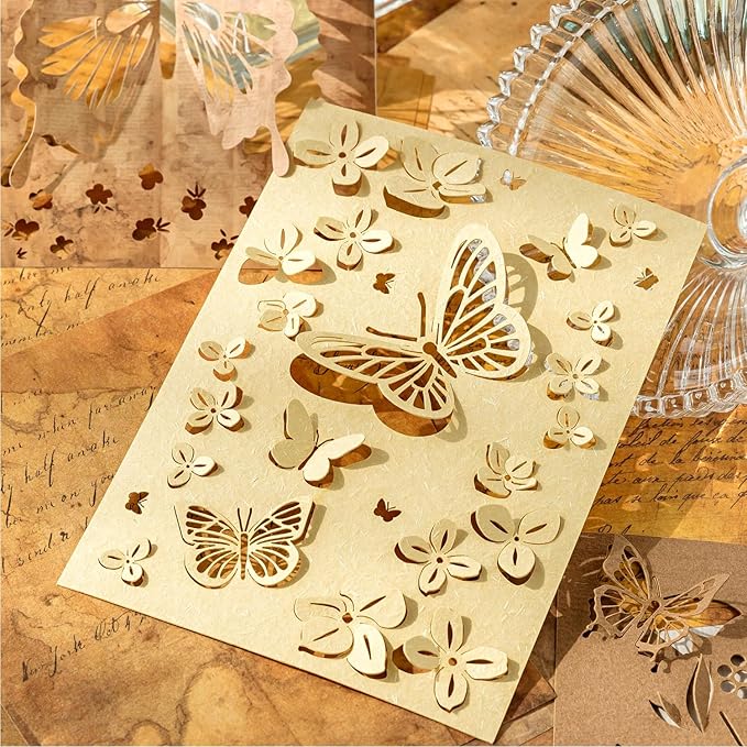 Vintage Butterfly-Themed Scrapbook Paper Set, 144 PCS Including Hollow-Out and Decorative Paper for Junk Journaling, Scrapbooking, DIY Crafts, and Art Supplies