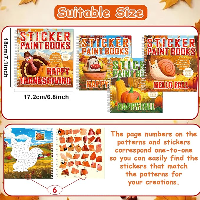 4PCS Thanksgiving Paint by Sticker Books Crafts for Kids Ages 4-8 Fall Sticker by Number Books Activity Book for Kids Age 3-5 Puzzle Book Craft Art Toddler Gift with Turkey Pumpkin 32 Pictures