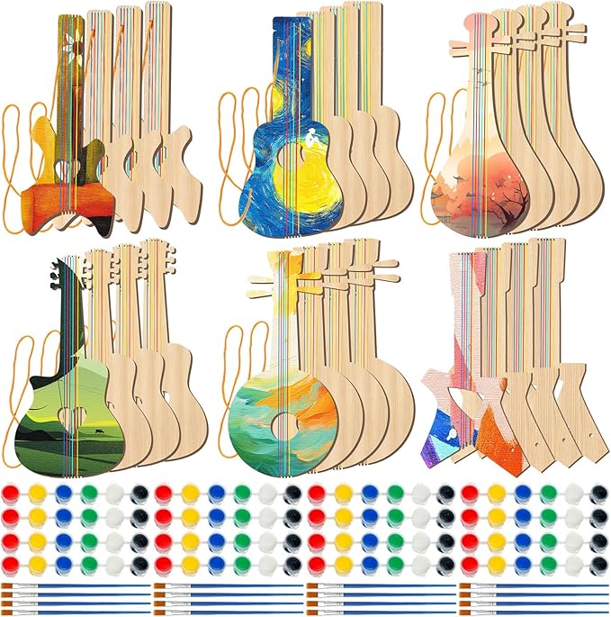 Syhood 48 Pcs/24 Sets DIY Guitar Kit for Kids Guitar Wooden Guitars Paint Bulk Music Party Favor Music Arts Crafts for Kid Boy Girl Halloween Christmas Supplies, 6 Difference Designs