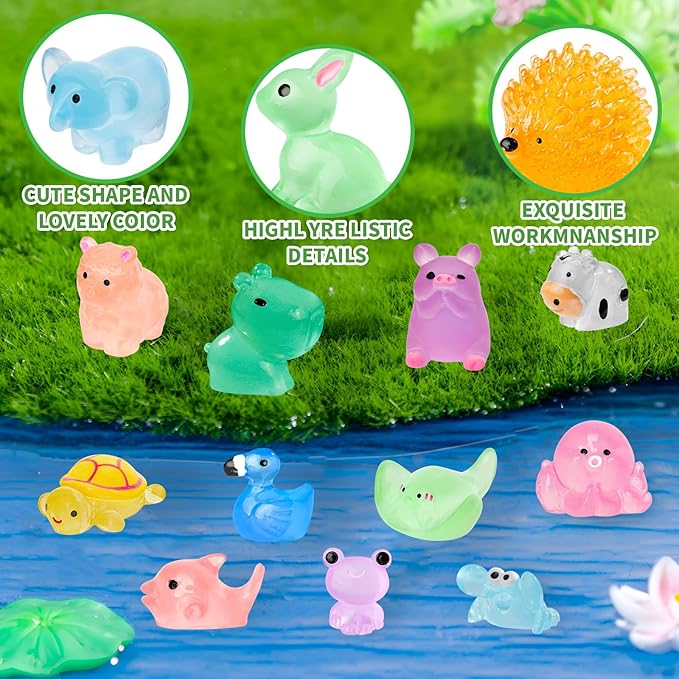 240 Pcs Luminous Mini Resin Animals 30 Styles Miniatures Animal Figurines Glow in the Dark Tiny Little Animals Figures to Hide for DIY Fairy Garden Micro Landscape Dollhouse Aquarium Party Decor