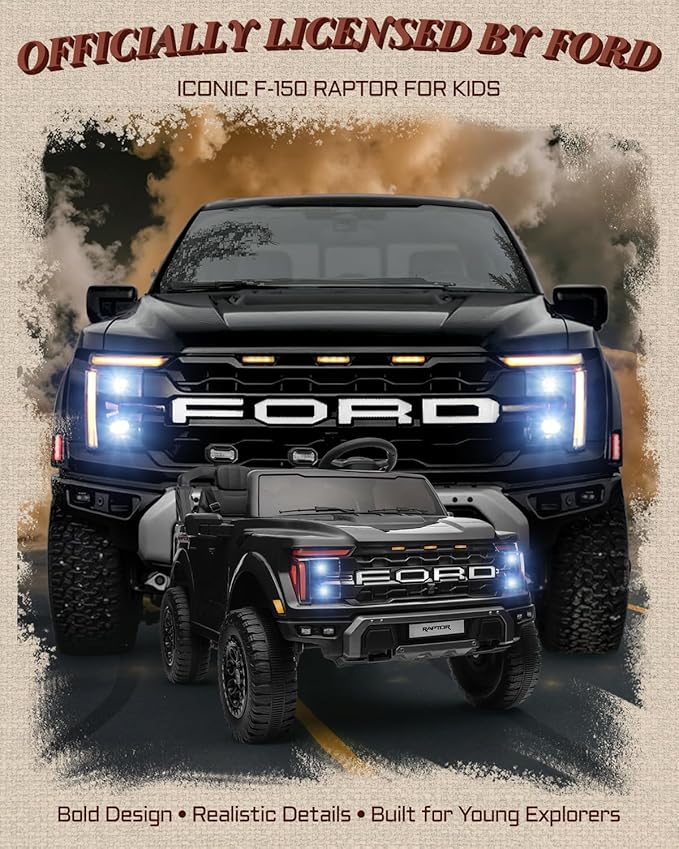24V Ride on Toys for Big Kids, Licensed Ford F-150 Raptor 2 Seater Kids Ride on Car w/Remote Control, Toddler Electric Car w/LED Lights, Bluetooth, Truck Bed Storage, Soft Start (Black)
