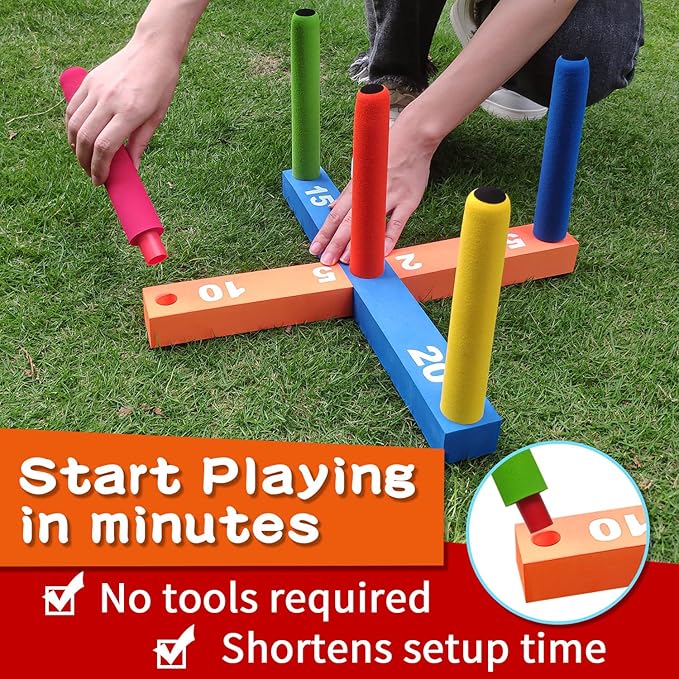 Ring Toss Game for Kids, Indoor & Outdoor Game for Family and Adults with 5 Poles, 2 Bases and 16 Rings in 4 Colors, Soft Foam Toy for Kids Backyard Ring Toss Fun