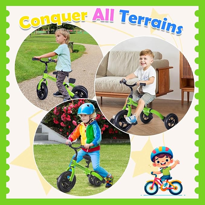 Ancaixin 3 in 1 Toddler Tricycles for 2-5 Years Old Boys and Girls with Adjustable Seat Detachable Pedal and Bell, Foldable Baby Balance Bike Riding Toys for Kids, Child Birthday Gift Green