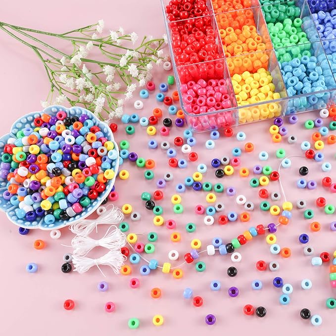 2600+pcs Pony Beads Kit 18 Color Rainbow Plastic Multicolor Pony Bead Bulk with Elastic String Hair Beads DIY Crafts Jewelry Making Kit for Bracelets Necklaces Key Chain