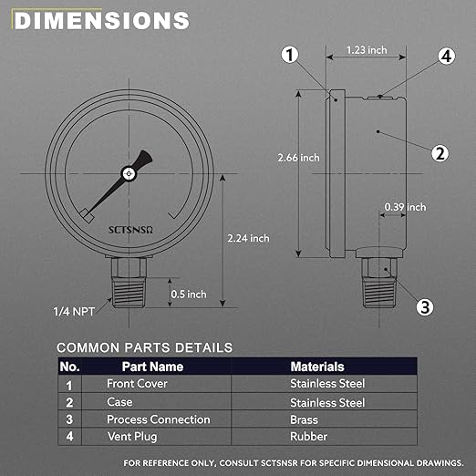 2-1/2" Dial Size, 0-100 Psi Lead-Free Pressure Gauge, Glycerin Liquid Filled, 1/4" NPT Lower Mount, Stainless Steel Case, for Water Pump, Pneumatic Air, Well Tank, RV Hose, Gas, Pressure Test