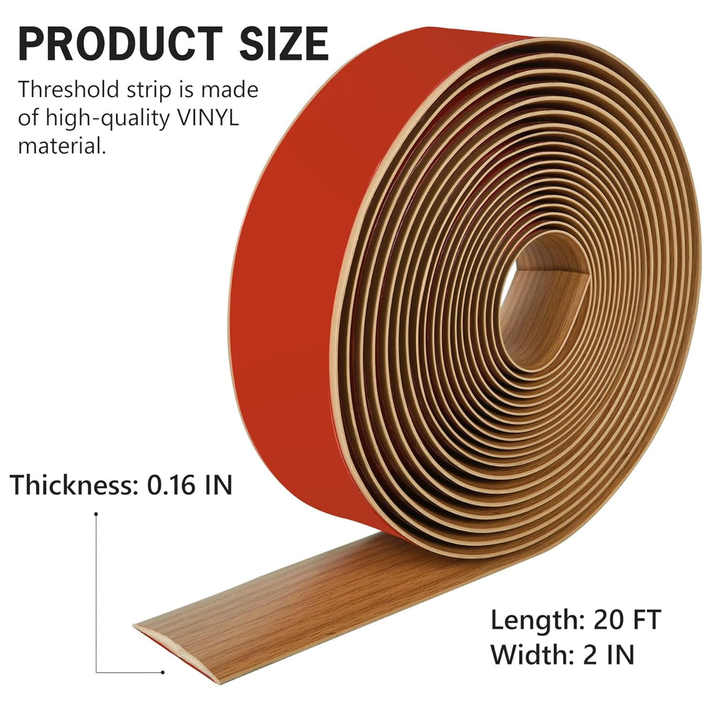 20Ft Floor Transition Strip Self Adhesive Vinyl Cover Floor Strip Flat Divider Transition Strip Wood Grain Design for Laminate Floor Gaps and Doorway Transitions (20Ft x 2 Inch, Light Brown)