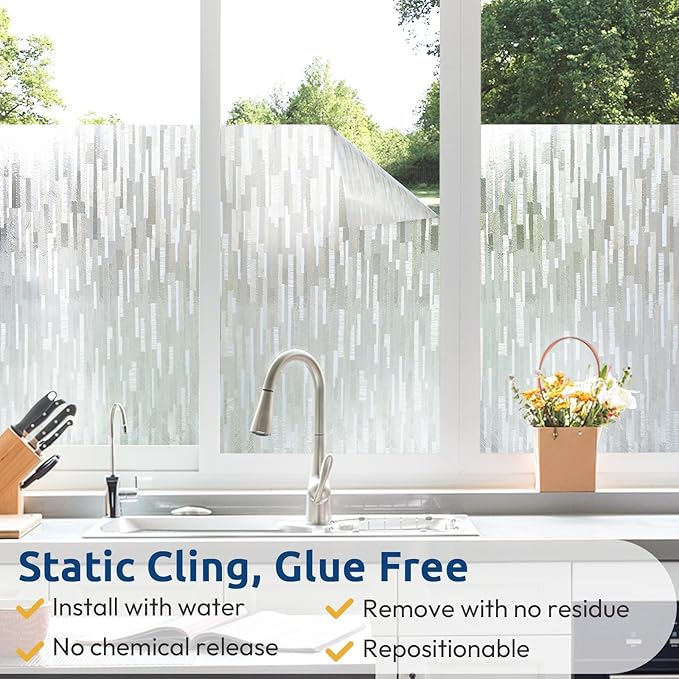 rabbitgoo Window Privacy Film, No Glue Frosted Glass Film, Static Cling UV Blocking Non Adhesive Reusable Heat Control Window Vinyl Clings for Home, Office, Frosted Silk, 11.8 x 78.7 Inches