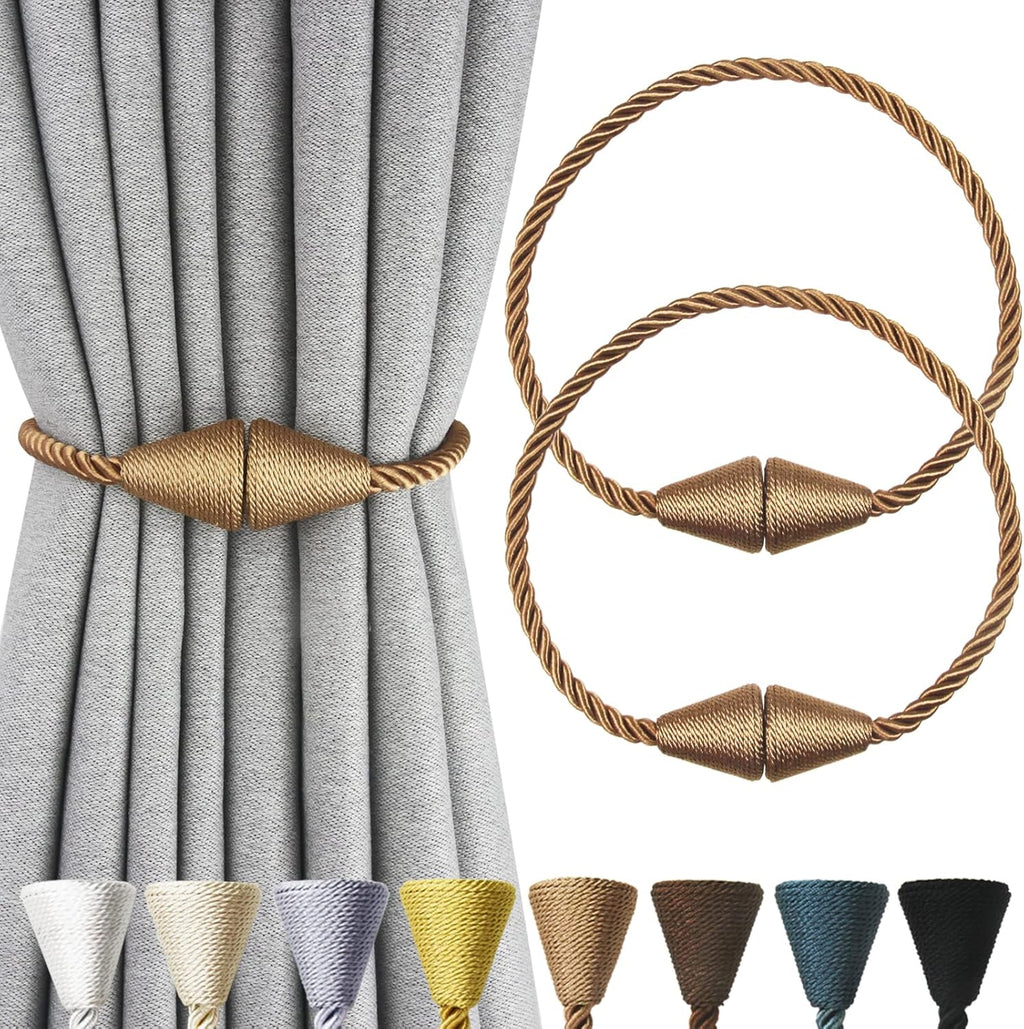 2 Pack Magnetic Curtain Tiebacks Rope Modern Handmade Curtain Tie Backs Decorative Drapes Weave Holdbacks for Window Décor, Khaki