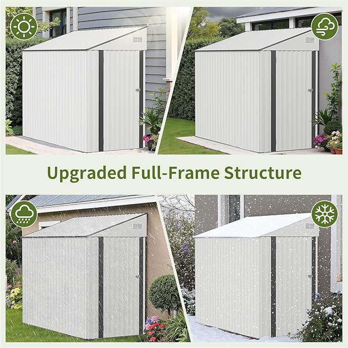 4x8 Lean to Metal Shed - White, Heavy-Duty Outdoor Storage for Bikes, Tools, Lawn Mowers & Firewood, Rust-Resistant Wall Side Design Sheds with Lockable Door, Waterproof Coating & Sloped Roof