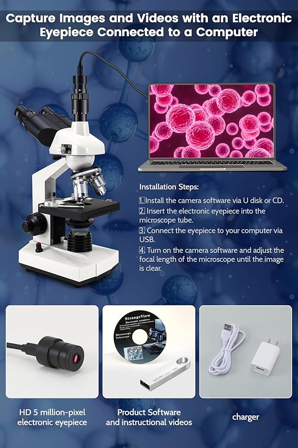 40X-5000X Compound trinocular Microscopes trinocular fo Adults, with 5.0 mp Camera with Microscope Slides 30p, Microscope Accessories, Microscopes Abbe Condenser