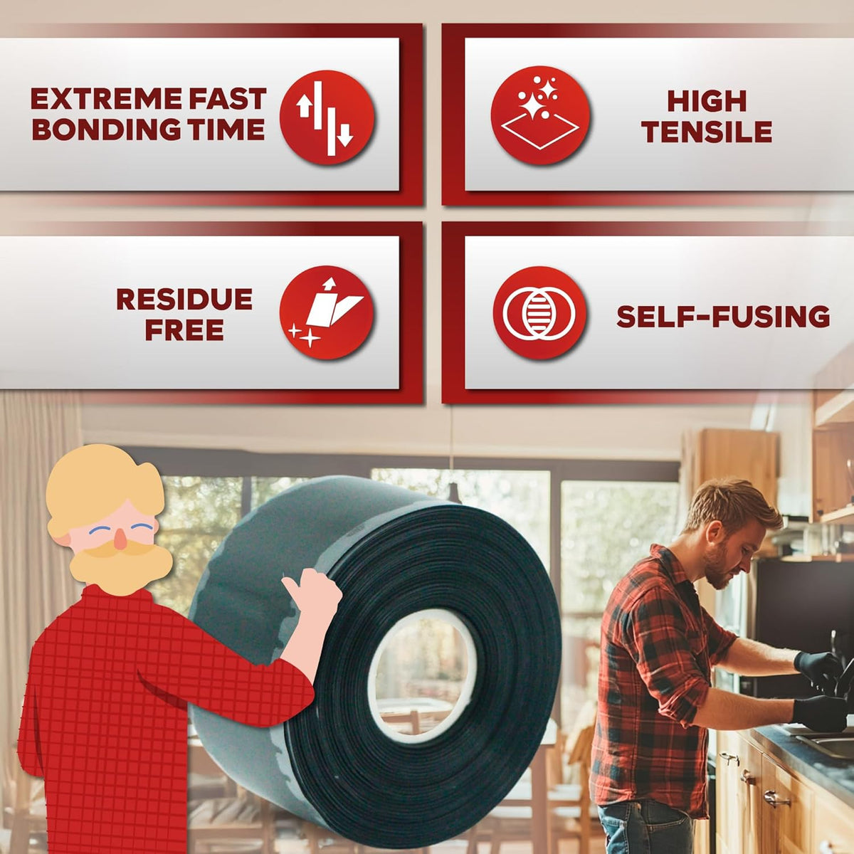 XFasten Self Fusing Silicone Tape Waterproof – 1" x 36 Feet Black, Self Amalgamating Tape, Silicone Rubber for Plumbing, Sealing Pipes, Hose Repair, Outdoor Coax and Electrical Cables – Weatherproof