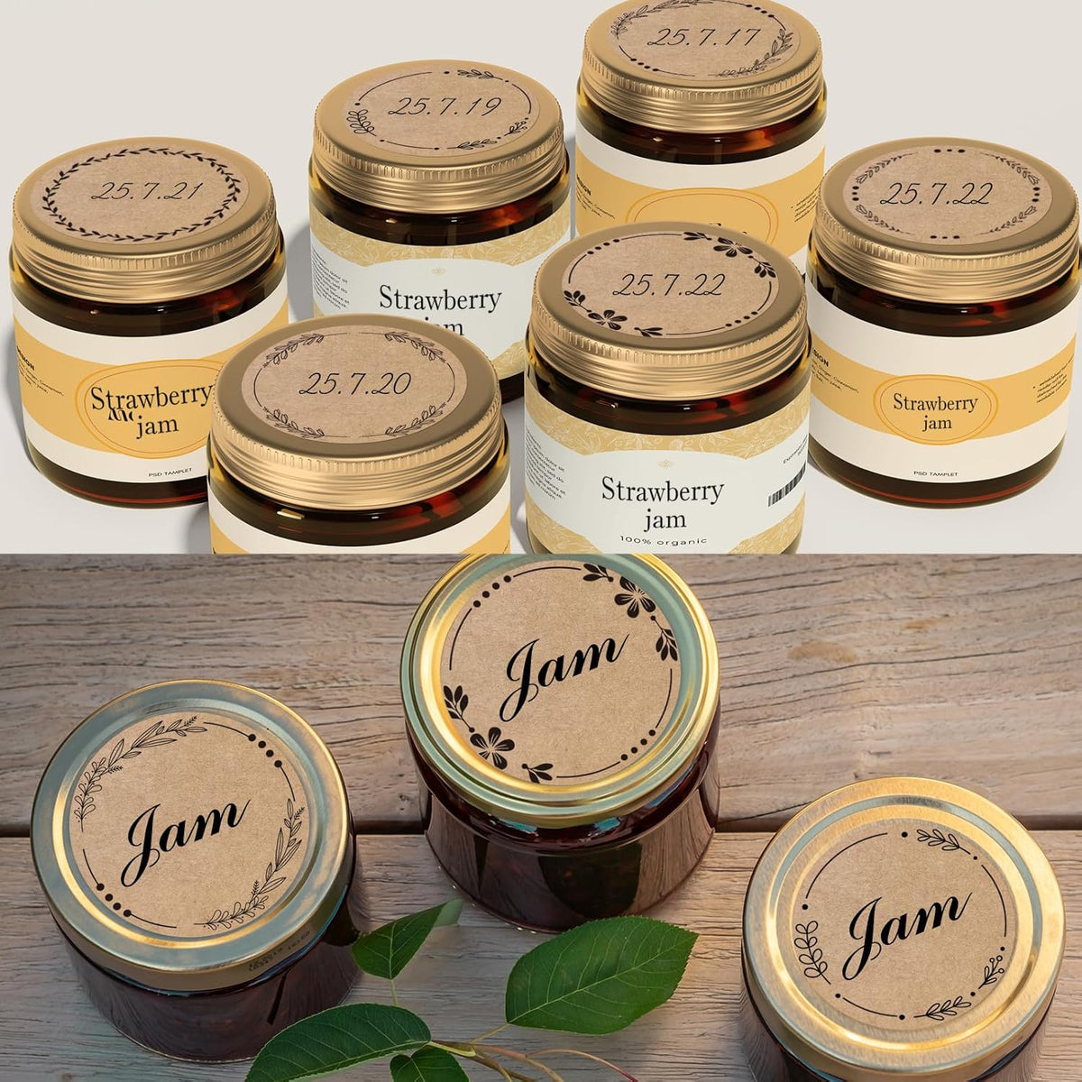 2" Brown Label Stickers for Jars and Lids, Kraft Sticker Labels for Pantry, Mason Jars, Canning, Bottles, 6 Different Drawn Wreath Designs, Kraft Paper/ 500pcs