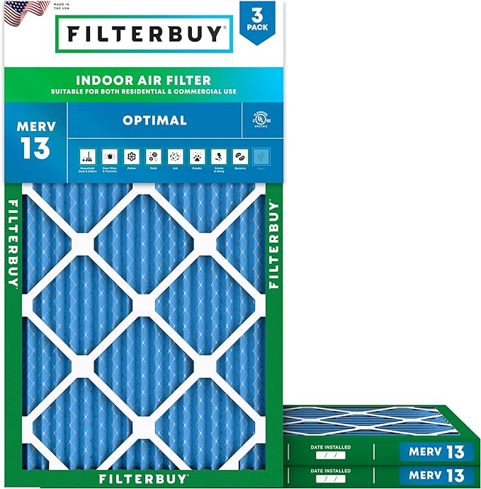 Filterbuy 10x30x1 Air Filter MERV 13 Optimal Smoke & Allergy Defense (3-Pack), Electrostatic Pleated HVAC AC Furnace Filters Replacement, Made in USA (Actual Size: 9.50 x 29.50 x 0.75)