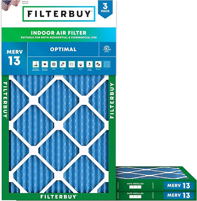 Filterbuy 15x25x1 Air Filter MERV 13 Optimal Smoke & Allergy Defense (3-Pack), Electrostatic Pleated HVAC AC Furnace Filters Replacement, Made in USA (Actual Size: 14.50 x 24.50 x 0.75)