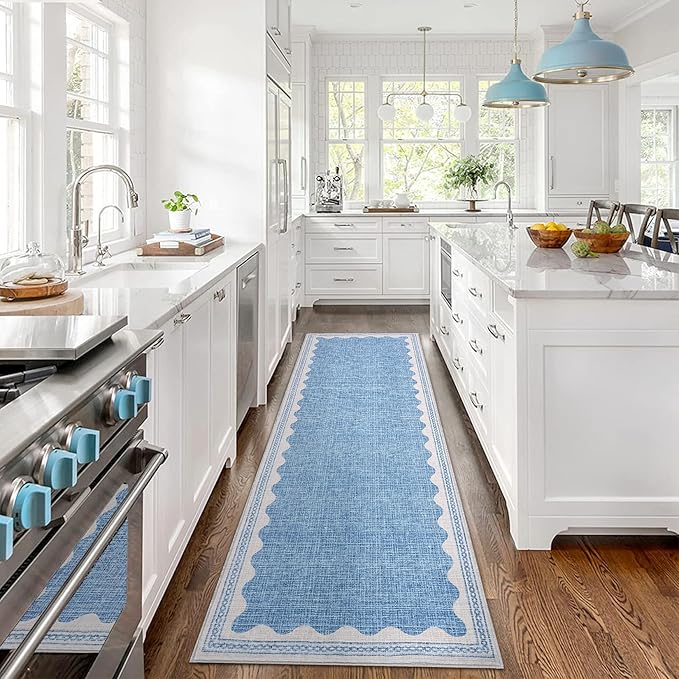 Scalloped Rug 2.5x8 Runners for Hallways, Solid Blue Runner Rugs Non Slip Scalloped Bath Runner, Washable Mat for Bedroom Girls, Rugs for Kitchen Floor Soft Dorm Nursery Carpet for Bedside