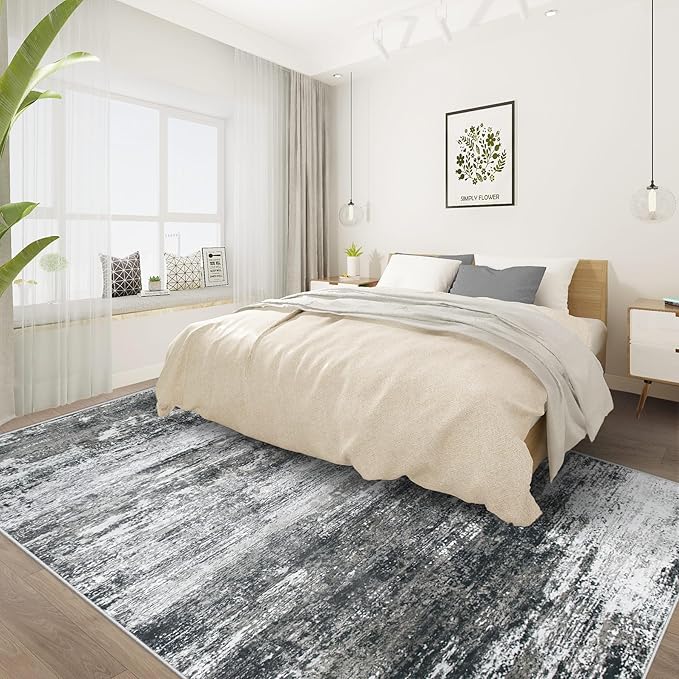 Washable Rug 6x9 Area Rugs for Living Room: Neutral Soft Rug Abstract Non Slip Low Pile Modern Carpet for Bedroom Kitchen Nursery Office Dining Room Indoor (Black, 6'x9')