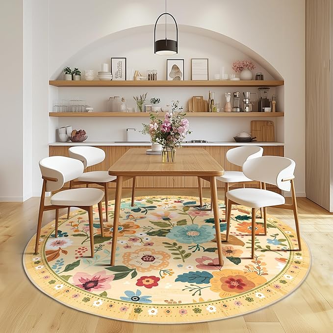 Floral 8ft Area Rug Machine Washable Soft Print Boho Carpet Non Slip Doormat Low Pile Flower Area Rugs for Living Room Bedroom Nursery Kitchen Dining Room Indoor-Ivory/Yellow