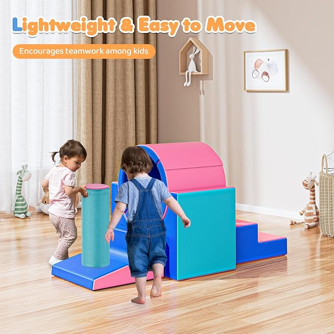Lischwert Foam Climbing Blocks for Toddlers 1-3, 5pcs Soft Play Set with Tunnel Crawling Exploration Toys, Indoor Infant Safe Blocks for Baby Gym & Toddler Playground - Blue Pink