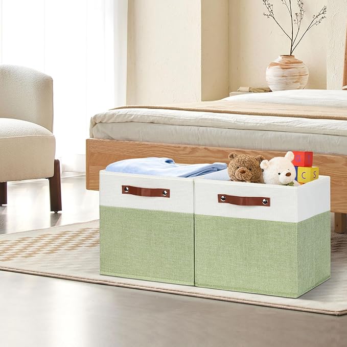 HNZIGE Fabric Storage Cubes for Shelves Set of 4 ,Storage Cubes Baskets 12 x12, Decorative Storage Bins Basket with Handles, Green Baskets for Organizing Home Nursery(Green White)