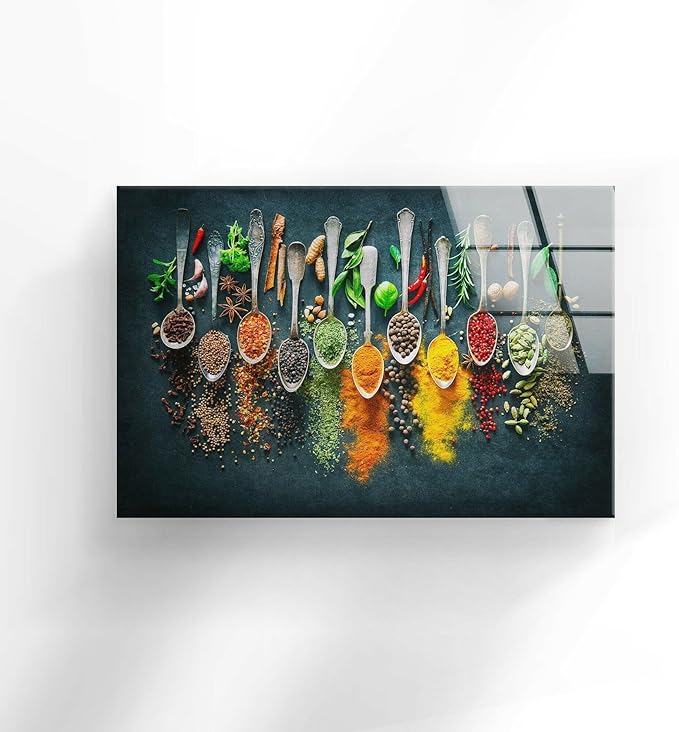 My Photostation.com 30Wx24H'' Spoon Spices Glass Wall ArtTempered Glass Printing Wall Decor Large Wall Art Wall Hangings
