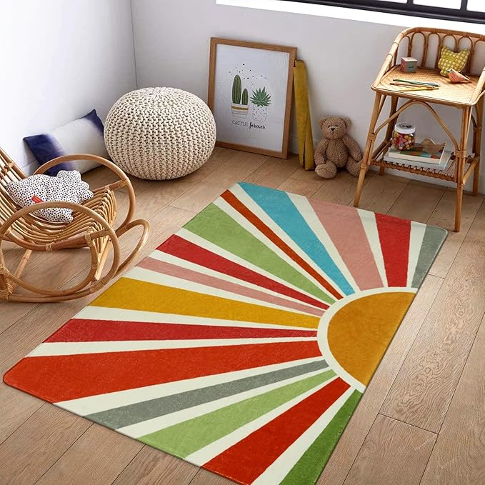 STARUIA Boho Washable Rug 3'x5' Kids Area Rug for Playroom, Colorful Kids Rugs for Bedroom, Non-Slip Throw Sun Carpet Soft Small Sunshine Rugs for Office Nursery Entryway Dorm
