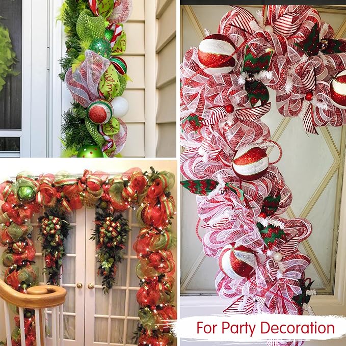 TONIFUL 2 Roll 10 Inch Red and Green Striped Decorative Mesh Ribbon Rolls for Indoor Decor Christmas Valentine's Halloween Party Accessories Party Decoration Supplies (10yds/roll)