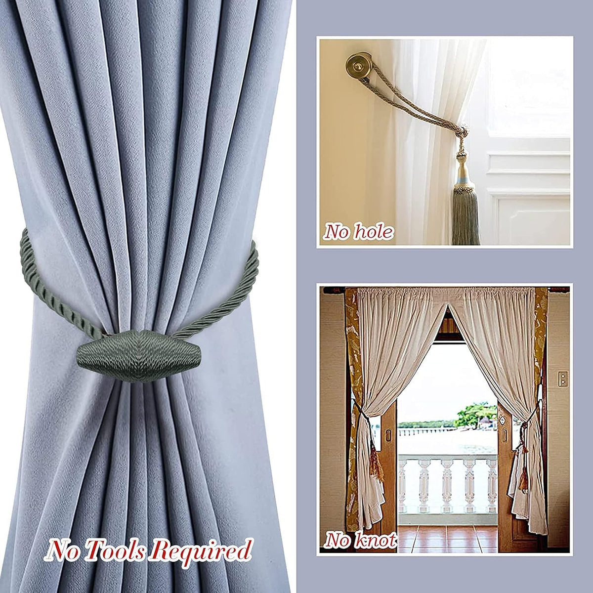 Hion Magnetic Curtain Tiebacks Gray Blue 2pcs, Curtain Tiebacks Buckles Holdbacks Holders Hooks Clip for Home Bedroom Office Decorative Curtain
