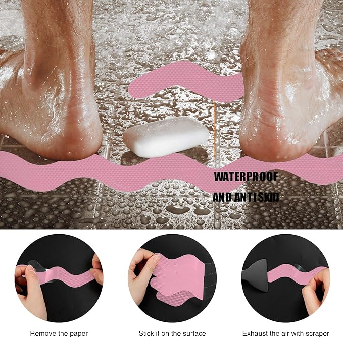 Patented Anti Slip Shower Stickers 24 PCS Safety Bathtub Strips Adhesive Decals with Premium Scraper for Bath Tub Shower Stairs Ladders Boats (Pink)