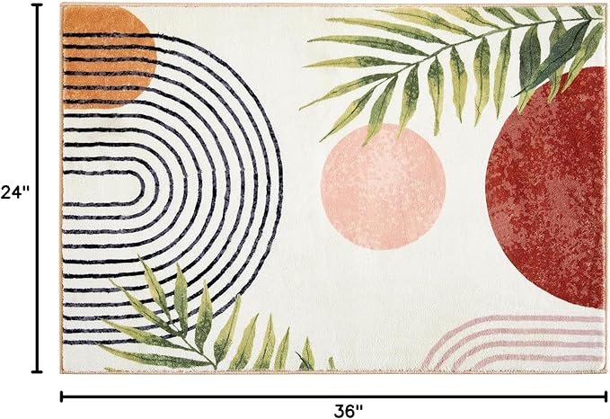 RoomTalks Boho Cute Bathroom Rugs Bath Mat Non Slip Washable, Modern Abstract Geometric Shape with Tropical Leaves 2x3 Small Area Rug for Bedroom Kitchen, Neutral Contemporary Retro Indoor Entry Rug