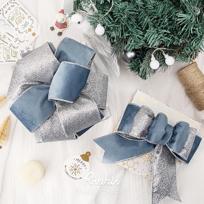 Ribbli Dusty Blue Velvet Wired Ribbon 2.5 Inch Dusty Blue Velvet with Silver Glitter Christmas Ribbon for Christmas Tree Decoration Big Bow Gift Wrapping Crafts Wreaths Supplies- 10 Yards