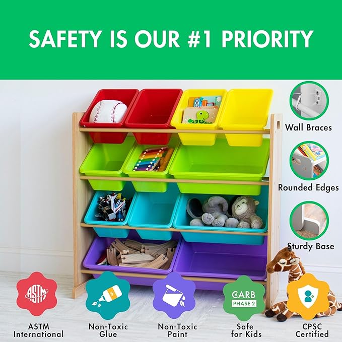 Humble Crew Kids Toy Storage Organizer with 12 Plastic Bins, Natural Wood/Rainbow – Removable Bins for Playroom, Bedroom, Toddler Furniture for Boys and Girls Ages