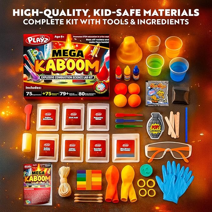 Playz Mega Kaboom! 150+ Explosive Science Experiments Kit for Kids Age 8-12 with 75 App & Video Guided Experiments - Chemistry Set STEM & Educational Toys & Gifts for Boys, Girls, Teenagers & Kids