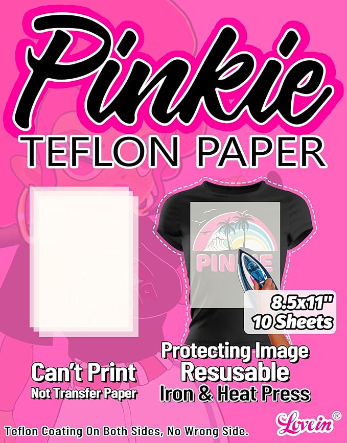 Lovein Pinkie Non-Stick Teflon Paper for Heat Press Transfer Sheet(10 Sheets, 8.5x11) Reusable Heat Resistant Perfect for Heat Transfer Paper of Crafting Needs